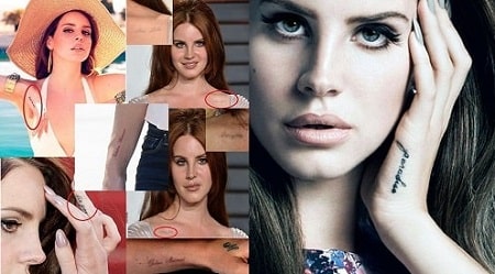 A picture compilation of Lana Del Rey's all eight tattoos.